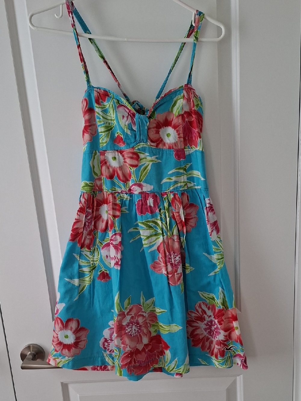 Hollister Turquoise Floral Spaghetti Adjustable Strap Sundress Cotton Lined